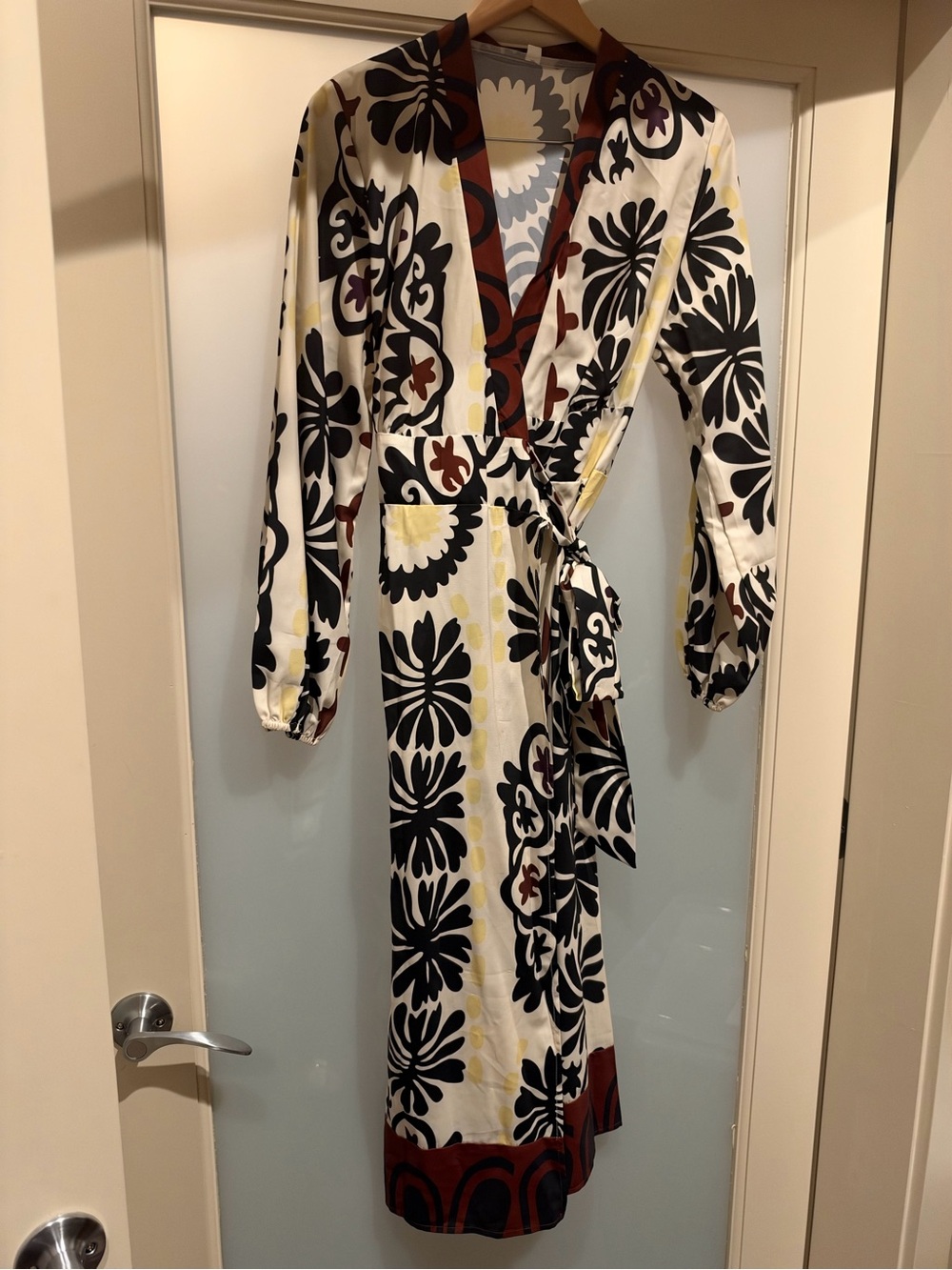 Women’s Wrap Dress in Cream with Black Floral Print
